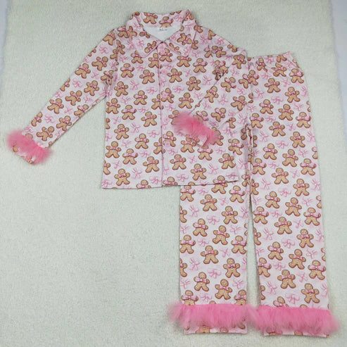 10.11 RTS Sibling Adult Women Bows Santa Trees Button Top Pants Christmas Fur Pajamas Sets