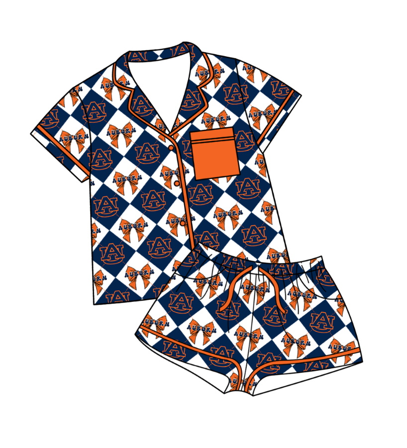 CUSTOM MOQ 5 Baby Girl Clothes Dark Blue Bow Plaid Top Bottom Shorts Pajamas Team Clothes Sets