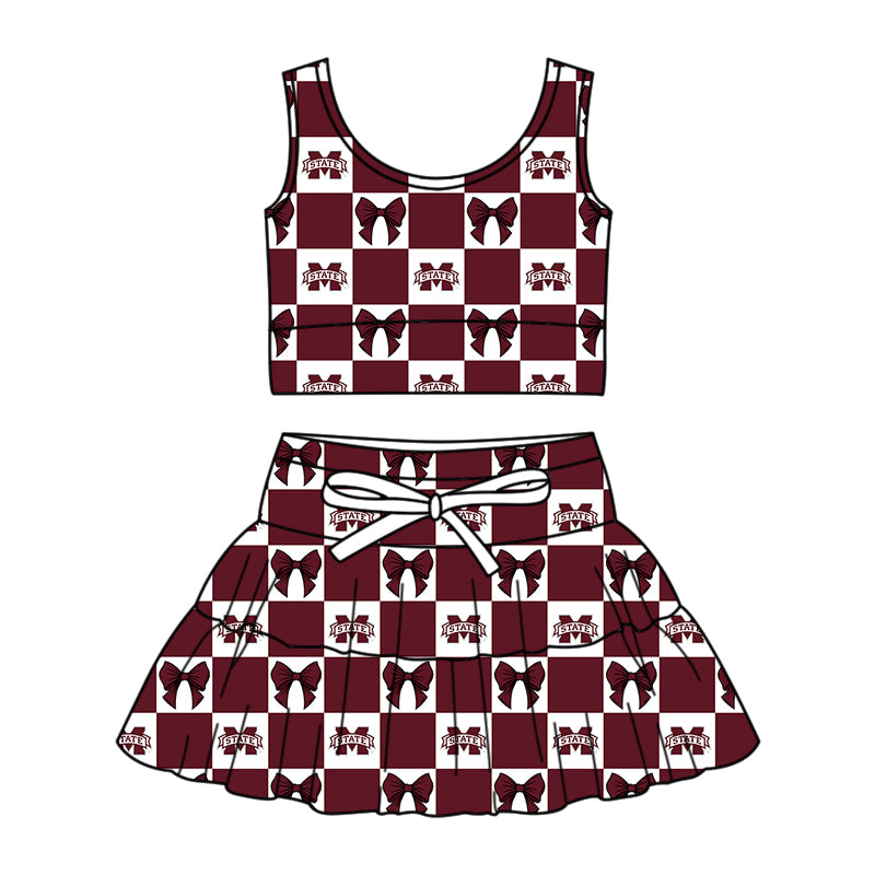 CUSTOM MOQ 5 Kids Clothing for Girls Baby Girls Dark Red Bow Plaid Top Skirts Yoga Active Team Clothes Sets