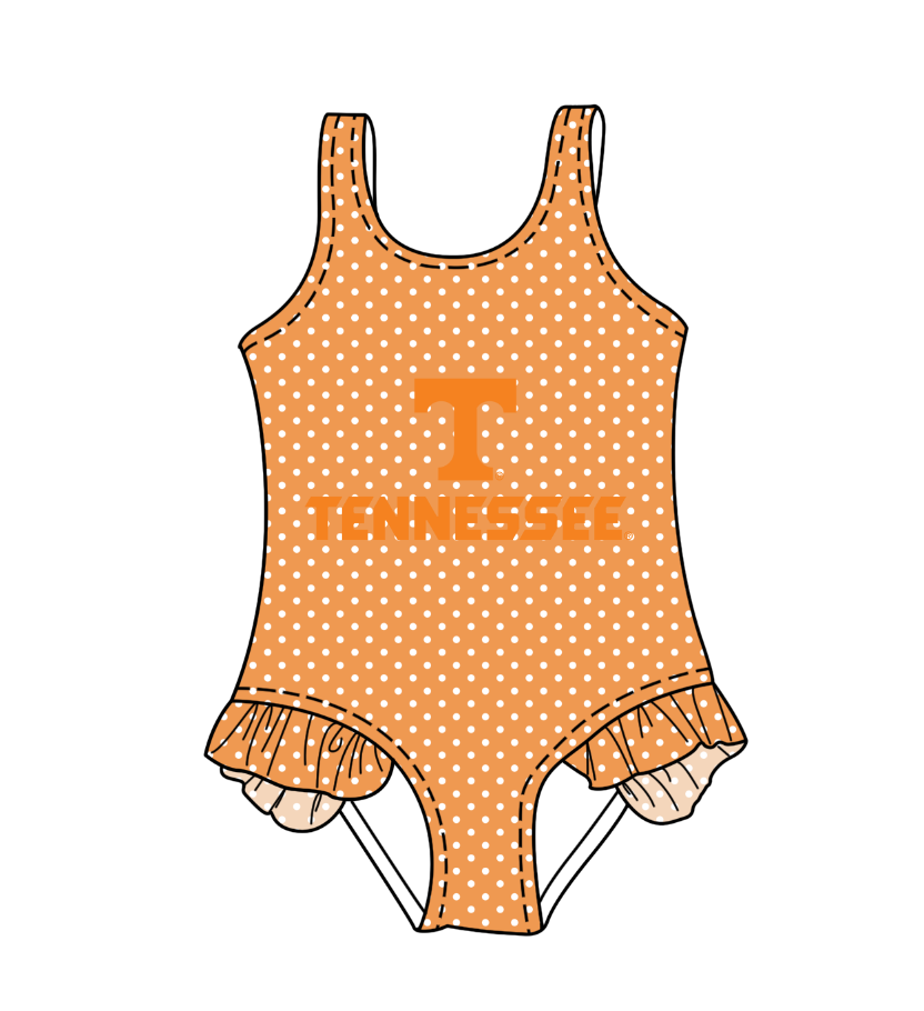 CUSTOM MOQ 5 Cute Comfortable Clothing For Kids Baby Girls Orange T Polka Dots Ruffle Team One Piece Swimsuits