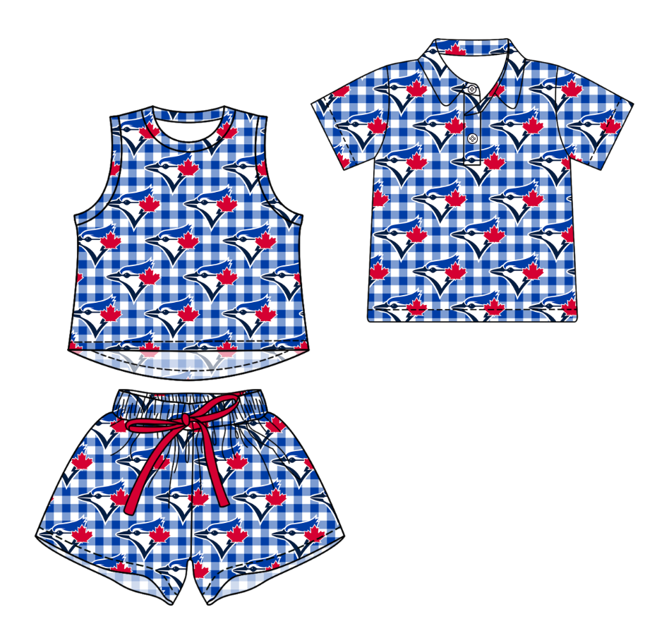 3.14 CUSTOM MOQ 5 Sibling Boys Baby Girls Summer Fashion Blue Check Sleeveless Top Shorts Button Polo Shirts Team Clothes Sets