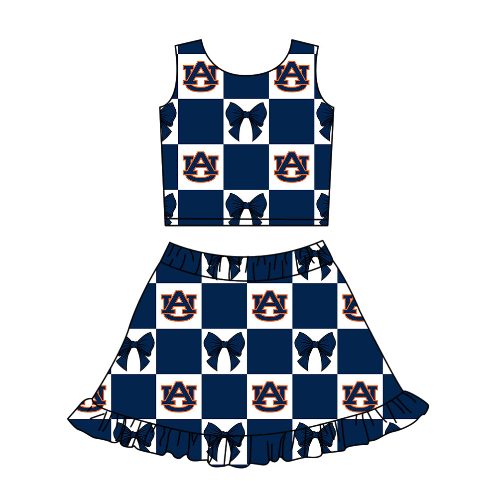 CUSTOM MOQ 5 Kids Clothing for Girls Baby Girls Blue Bow Plaid Top Skirts Yoga Active Team Clothes Sets