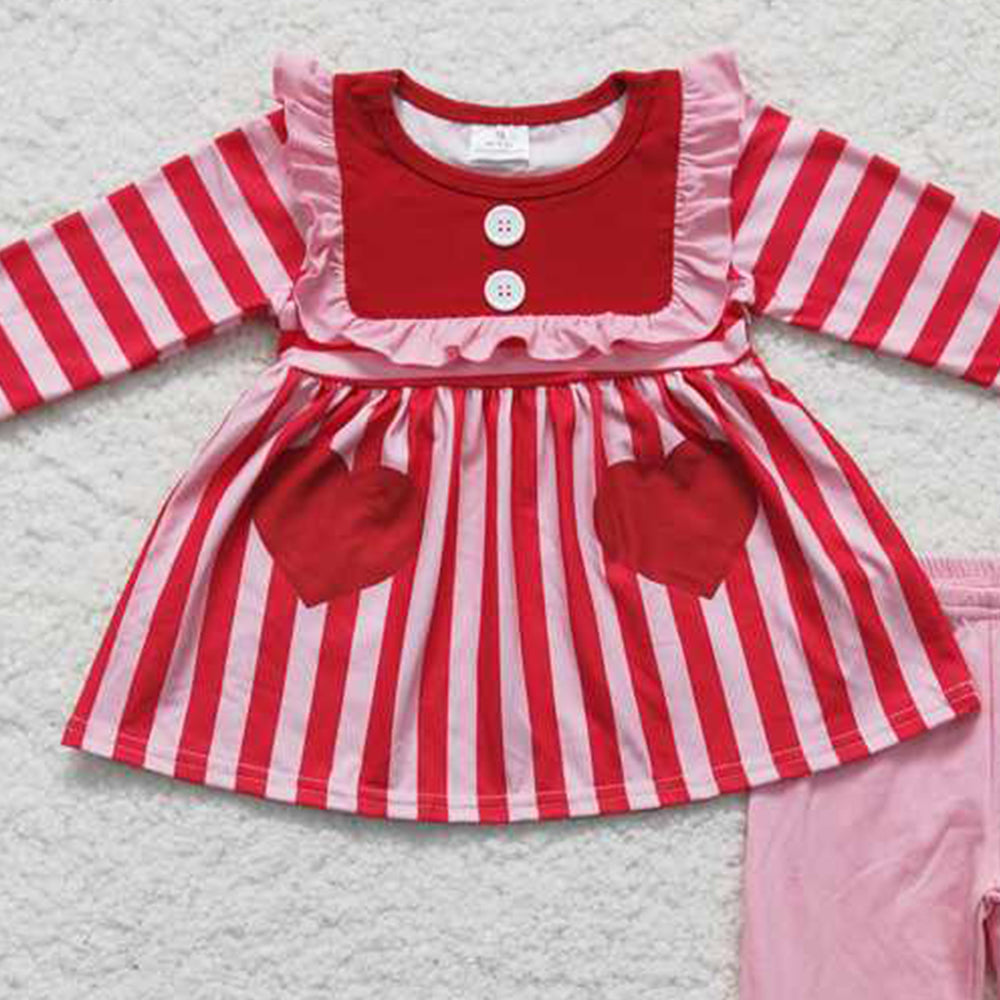 4.22 6 B11-22 RTS NO MOQ Pink heart print stripe girls Valentine's day set