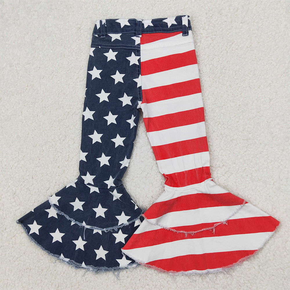 C3-14 RTS NO MOQ Baby Girls Pants Stripe and stars distressed girls denim pants