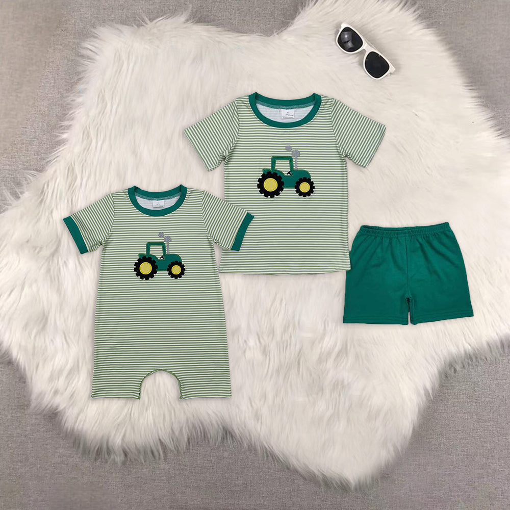 8.16 RTS Sibling Short sleeves green stripe tractor kids boys farm clothes rompers