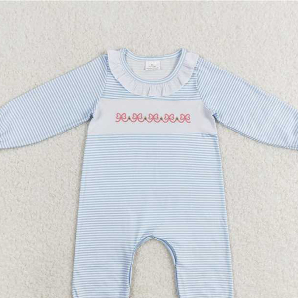 4.12 LR0941 RTS NO MOQ Newborn Baby Girls Pink Bow Blue Striped Romper