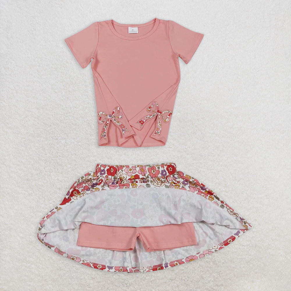 GSD1721RTS NO MOQ Baby Girls Skirt Sets Peach short sleeves bow top floral skirt kids girls clothes
