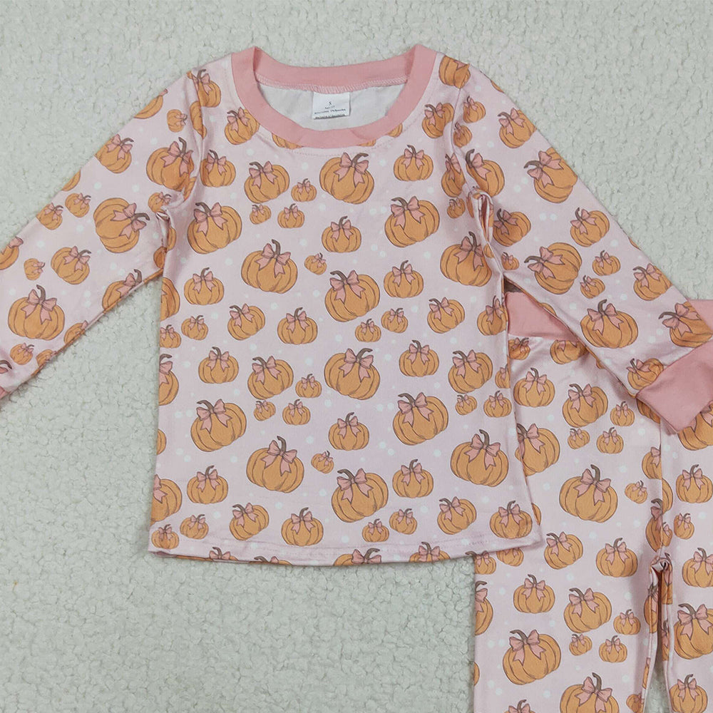 8.22 RTS NO MOQ (In stock)GLP2416 Baby Girls Winter Outfits Baby Girls Pink Bows Pumpkins Top Pant Fall Pajamas Set