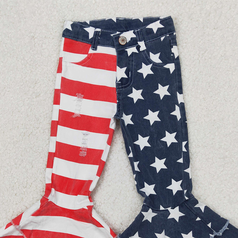 C3-14 RTS NO MOQ Baby Girls Pants Stripe and stars distressed girls denim pants