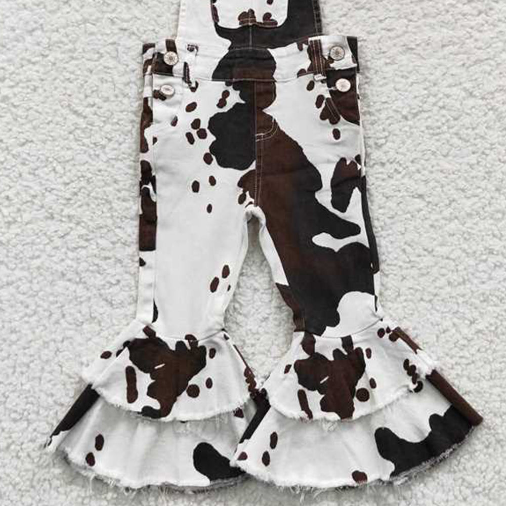 USA Shop (in stock)P0084 Cow print ruffle bell bottom girls denim overalls