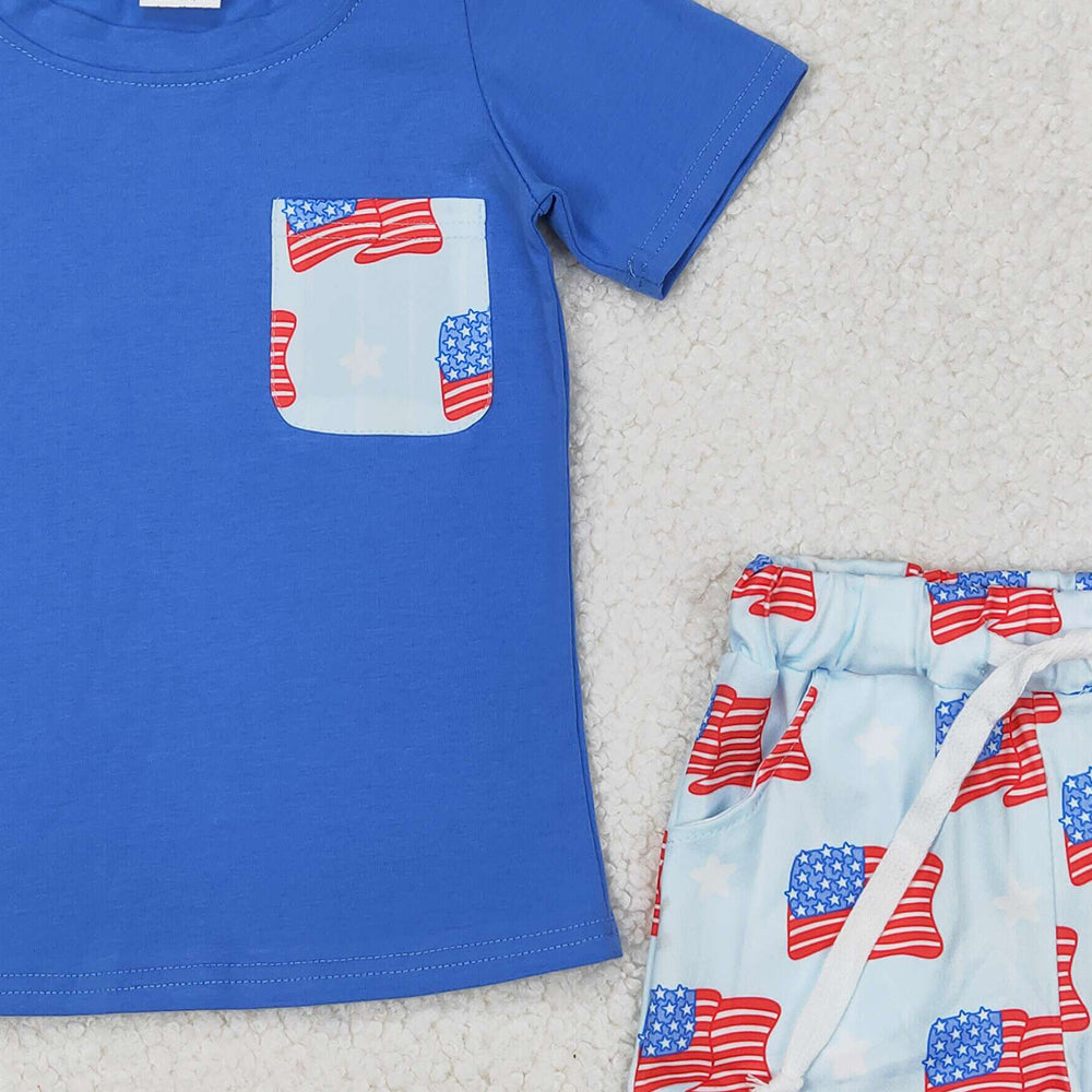 4.26 BSSO1258 RTS NO MOQ Baby Boys Summer Boys Outfits Blue short sleeves top flag stars shorts boys 4th of july outfits