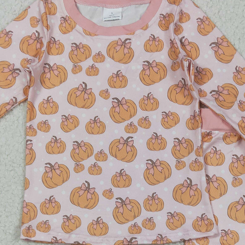 8.22 RTS NO MOQ (In stock)GLP2416 Baby Girls Winter Outfits Baby Girls Pink Bows Pumpkins Top Pant Fall Pajamas Set