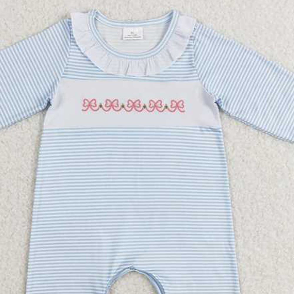 4.12 LR0941 RTS NO MOQ Newborn Baby Girls Pink Bow Blue Striped Romper