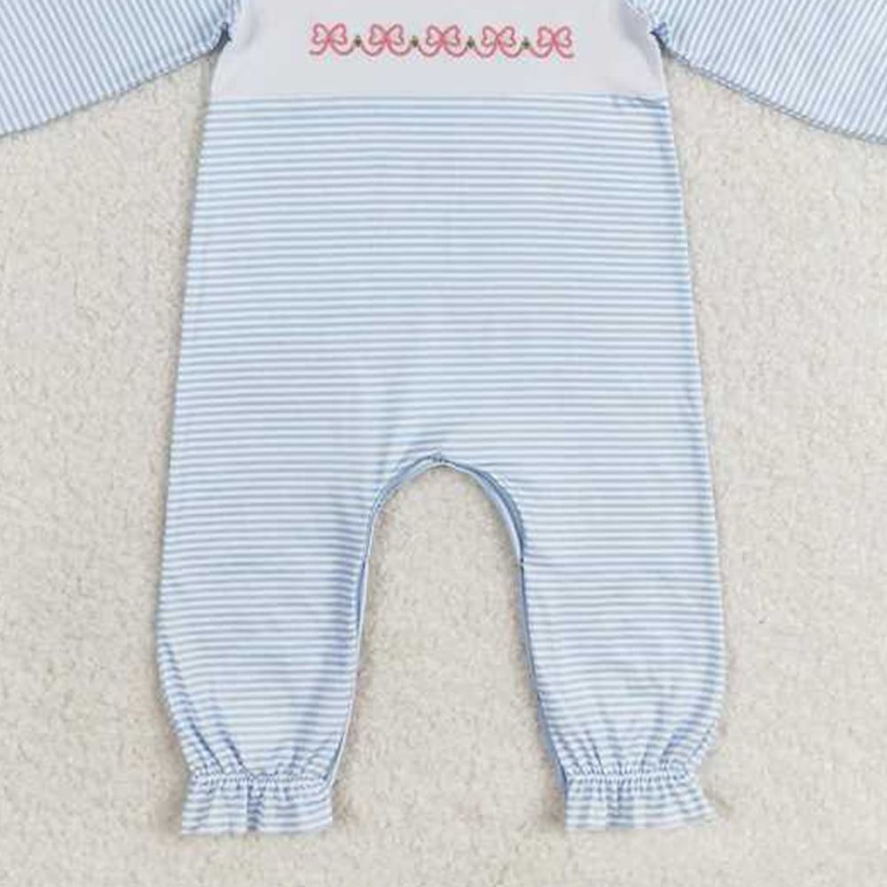 4.12 LR0941 RTS NO MOQ Newborn Baby Girls Pink Bow Blue Striped Romper