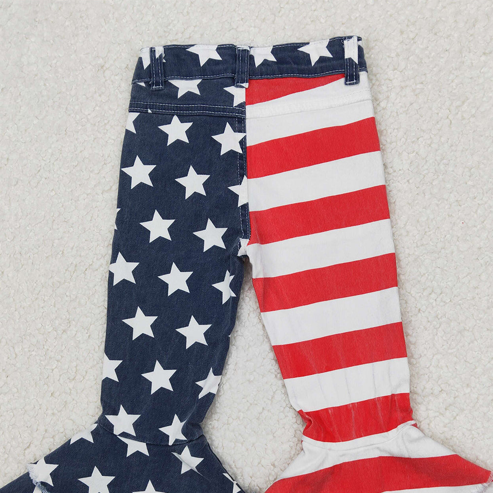 C3-14 RTS NO MOQ Baby Girls Pants Stripe and stars distressed girls denim pants