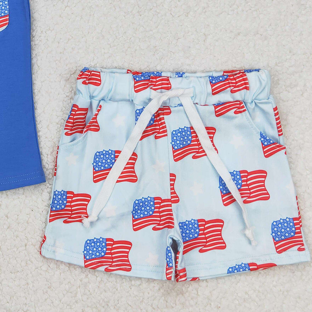 4.26 BSSO1258 RTS NO MOQ Baby Boys Summer Boys Outfits Blue short sleeves top flag stars shorts boys 4th of july outfits