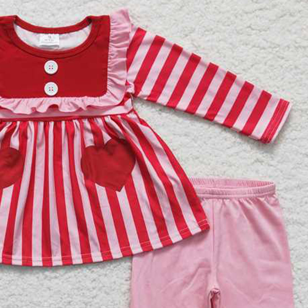 4.22 6 B11-22 RTS NO MOQ Pink heart print stripe girls Valentine's day set