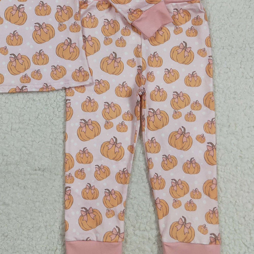 8.22 RTS NO MOQ (In stock)GLP2416 Baby Girls Winter Outfits Baby Girls Pink Bows Pumpkins Top Pant Fall Pajamas Set
