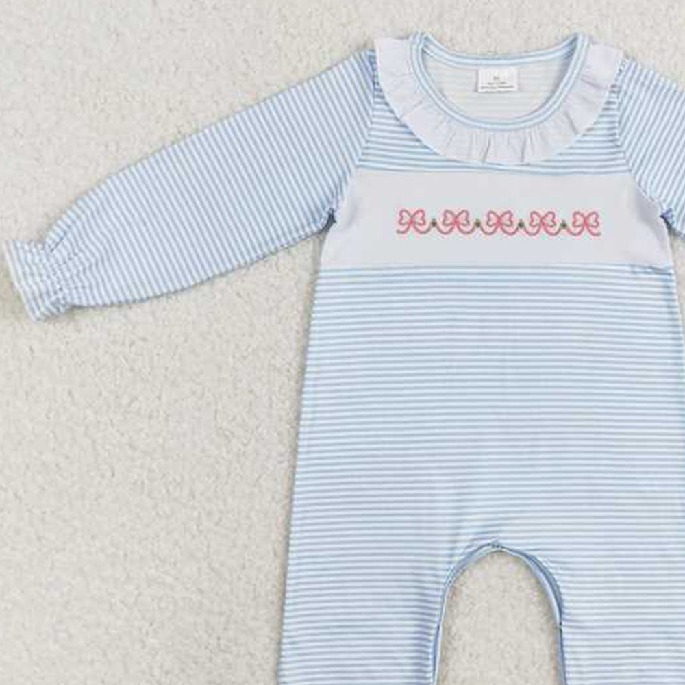4.12 LR0941 RTS NO MOQ Newborn Baby Girls Pink Bow Blue Striped Romper