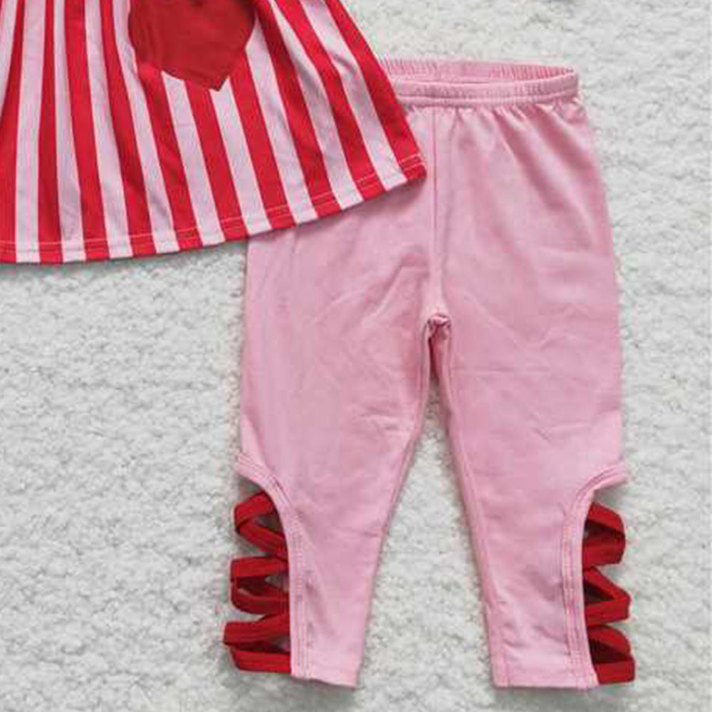 4.22 6 B11-22 RTS NO MOQ Pink heart print stripe girls Valentine's day set