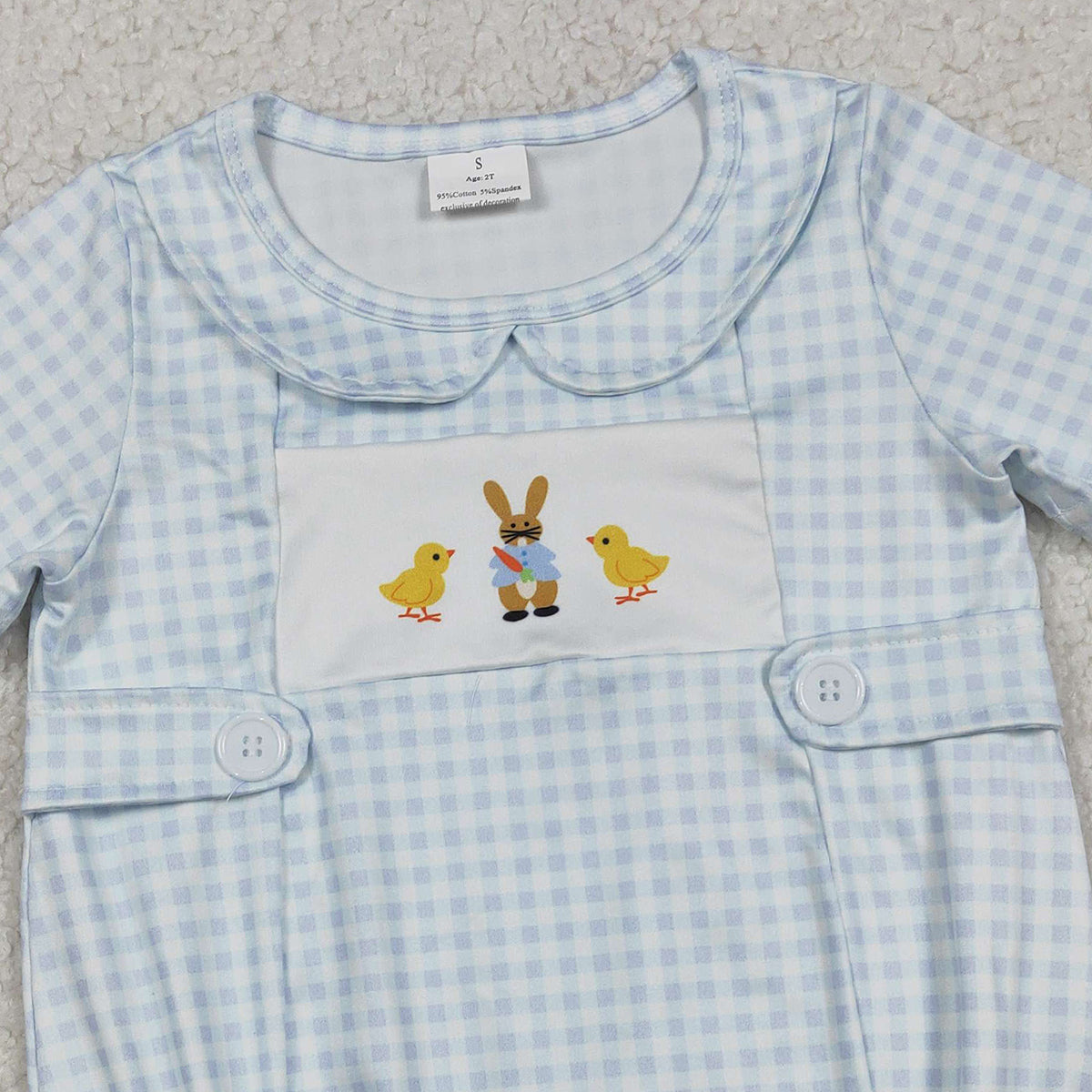 12.29 RTS NO MOQ (In stock)SR3566 Baby Boys Rompers Baby Girls Blue Checked Rabbits Chicks Easter Collar Rompers