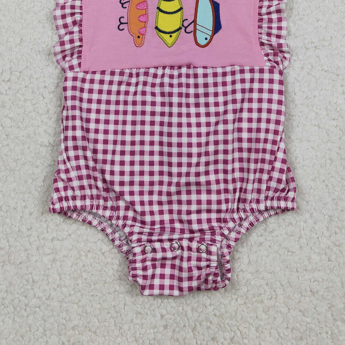 12.9 RTS NO MOQ (In stock)SR3414 Baby Girls Summer Rompers Embroidery Fishing Baby Girls Pink Checked Strap Checked Hunting Ruffle Rompers