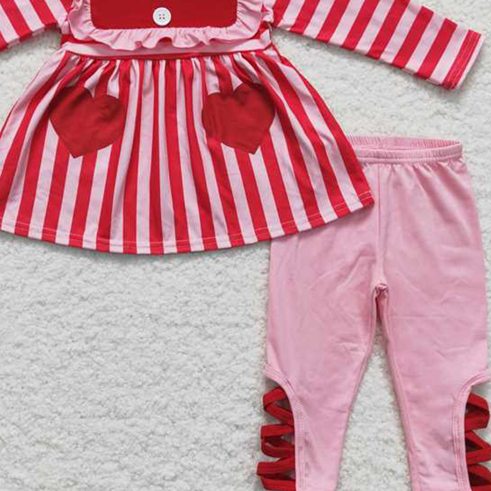 4.22 6 B11-22 RTS NO MOQ Pink heart print stripe girls Valentine's day set
