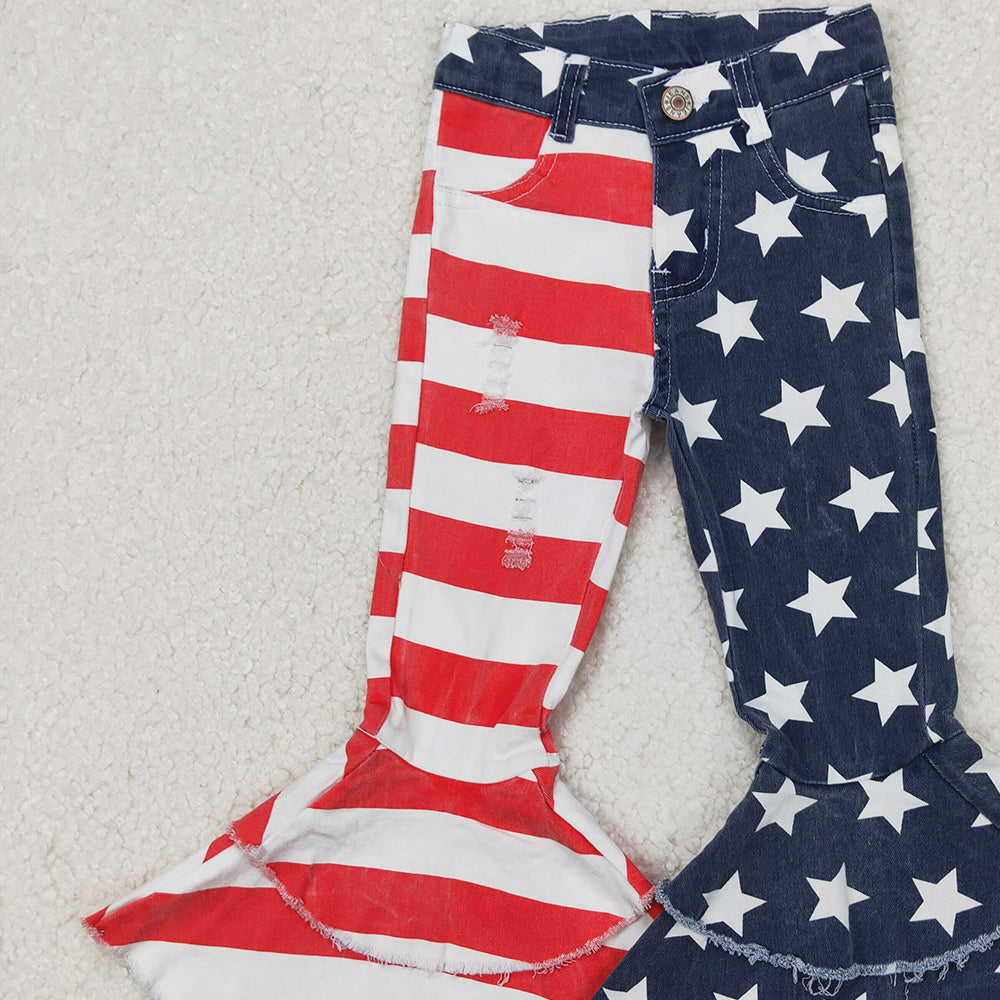 C3-14 RTS NO MOQ Baby Girls Pants Stripe and stars distressed girls denim pants