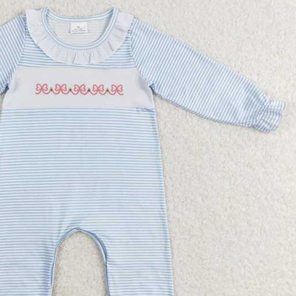 4.12 LR0941 RTS NO MOQ Newborn Baby Girls Pink Bow Blue Striped Romper
