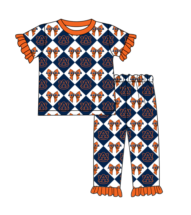 CUSTOM MOQ 5 Baby Girl Clothes Dark Blue Bow Plaid Top Pants Team Pajamas Sets