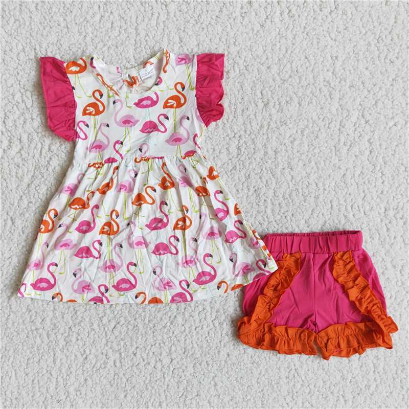 Baby Girls pink flamingo Pearl shorts clothes sets