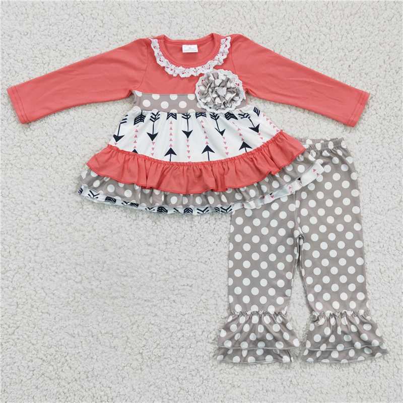 12.15 RTS NO MOQ (In stock)6 A24-18 Baby Girls Arrow ruffle dots legging fall sets