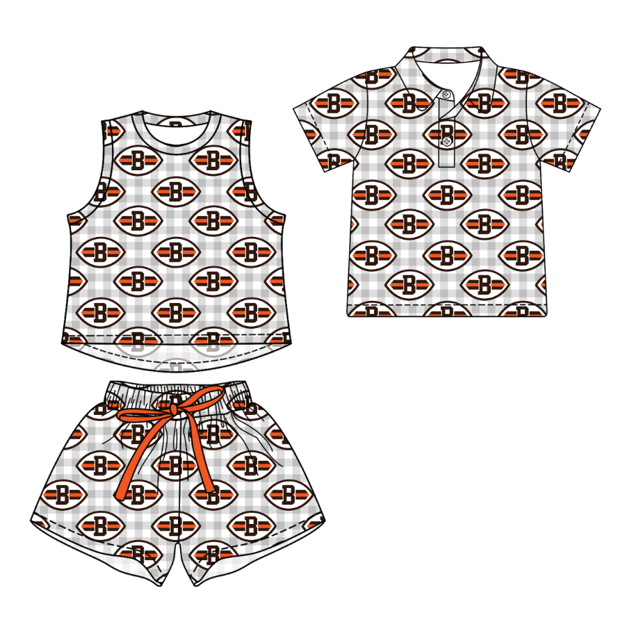 3.17 CUSTOM MOQ 5 Sibling Boys Baby Girls Summer Fashion Gray Check Sleeveless Top Shorts Button Polo Shirts Team Clothes Sets