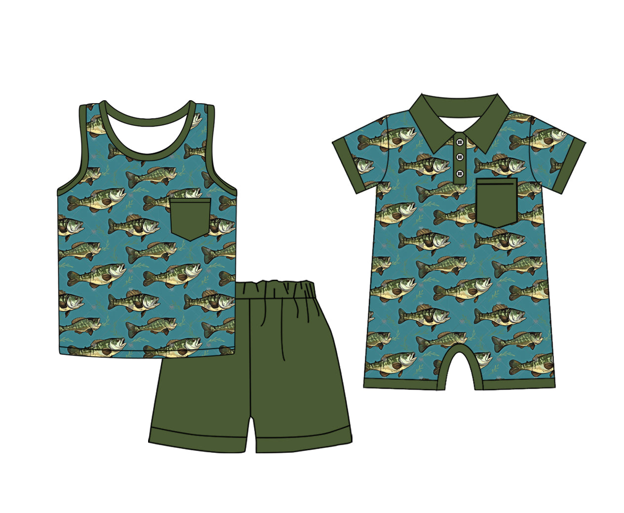 CUSTOM MOQ 5 Sibling Baby Boys Green Sleeveless Top Shorts Clothes Set Rompers