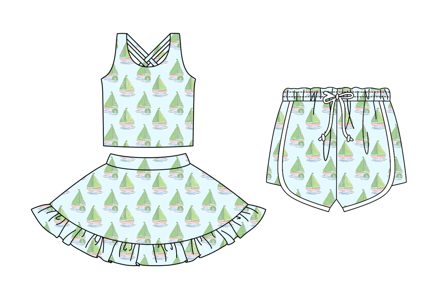 CUSTOM MOQ 5 Sibling Baby Girls Sleeveless Green Sailboat Skirt Bottom Shorts Yoga Active Clothes Sets