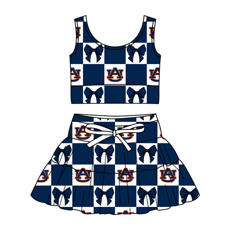 CUSTOM MOQ 5 Kids Clothing for Girls Baby Girls Blue Bow Top Skirts Yoga Active Team Clothes Sets