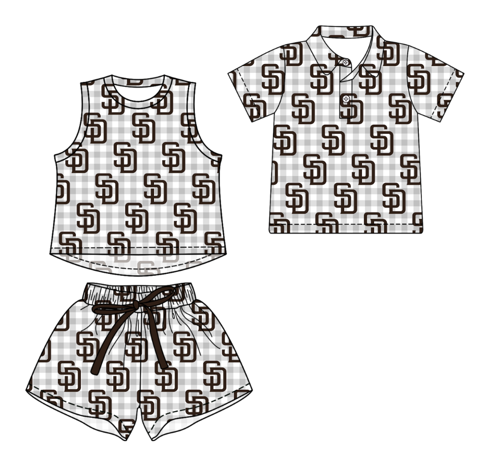 3.14 CUSTOM MOQ 5 Sibling Boys Baby Girls Summer Fashion Light Gray Check Sleeveless Top Shorts Button Polo Shirts Team Clothes Sets