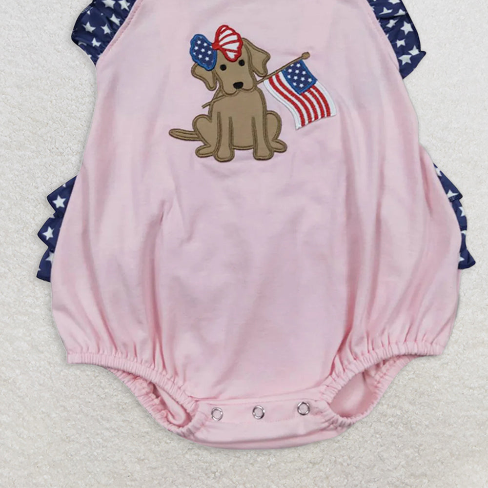 SR0332 RTS NO MOQ Baby Girls Summer Rompers Embroidery Baby Girls Boys 4th Of July Dog Sibling Summer Shorts Sets