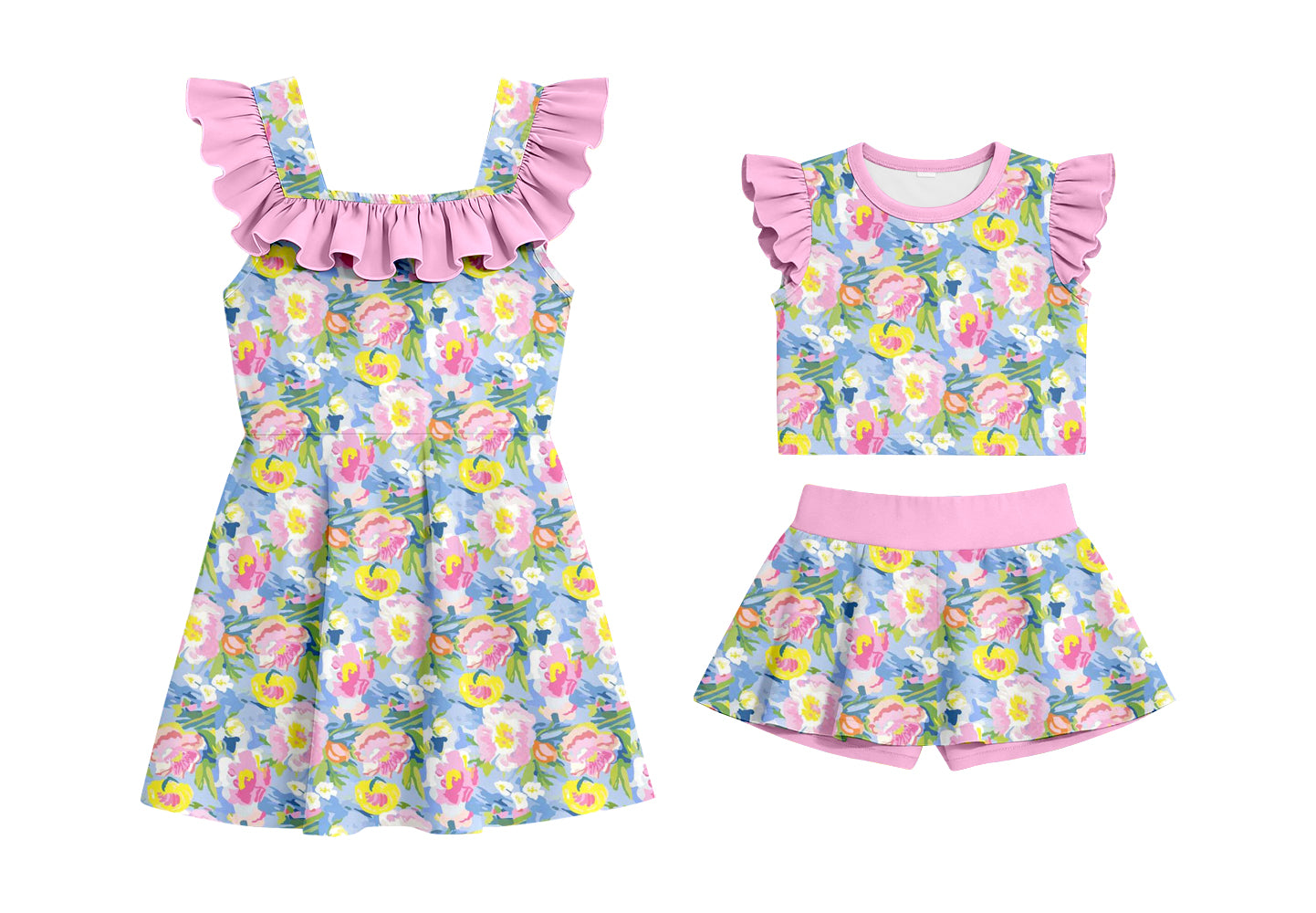 CUSTOM MOQ 5 Sibling Baby Girls Sleeveless Pink Flowers Shorts Set Knee Length Dresses