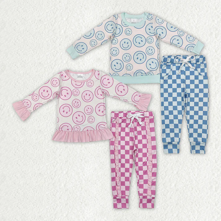 Baby Boys and Girls Smiley Face Print Long Sleeve Top and Plaid Pants Set