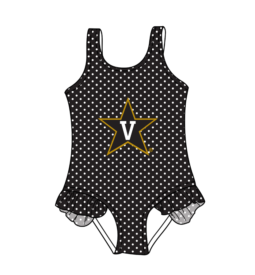 CUSTOM MOQ 5 Cute Comfortable Clothing For Kids Baby Girls Black V Polka Dots Ruffle Team One Piece Swimsuits
