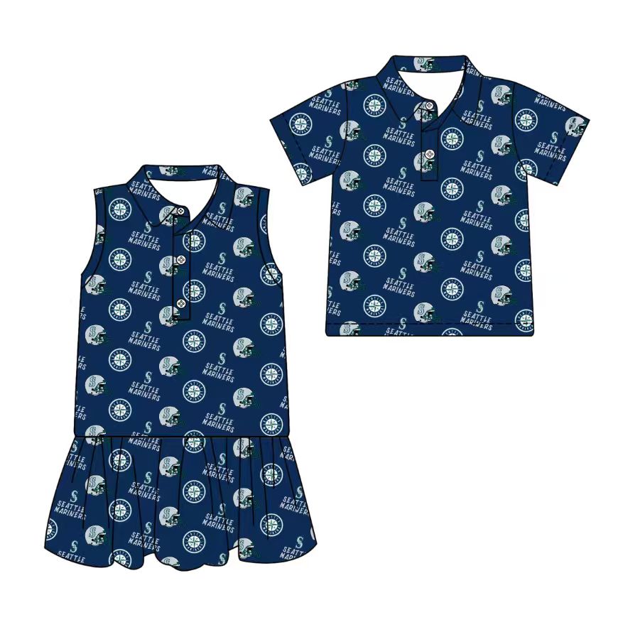 3.13 CUSTOM MOQ 5 Sibling Boys Baby Girls Summer Fashion Short Sleeve Dark Blue Button Polo Shirts Sleeveless Dress Team Clothes Sets