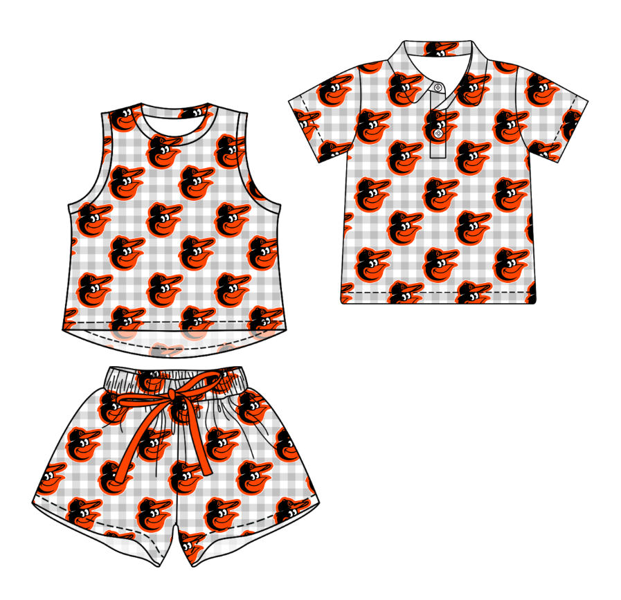 3.14 CUSTOM MOQ 5 Sibling Boys Baby Girls Summer Fashion Light Gray Check Sleeveless Top Shorts Button Polo Shirts Team Clothes Sets