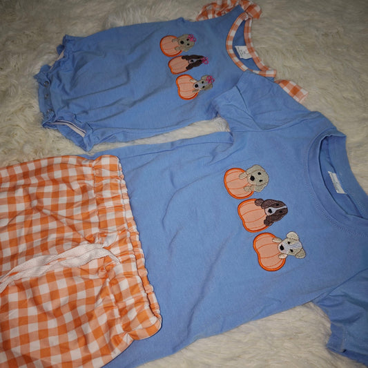 10.16 RTS Sibling Boys Baby Girls Embroidery Pumpkins Dogs Shorts Clothes Sets Rompers