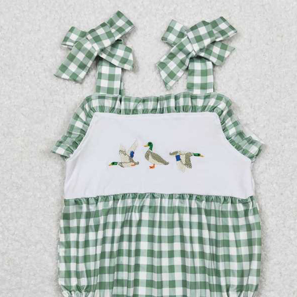 4.30 SR1065 RTS NO MOQ Green plaid straps duck baby girls summer romper