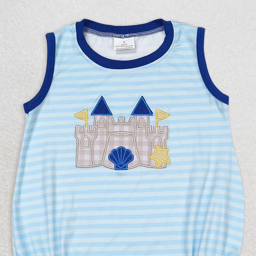 SR1318 RTS NO MOQ Baby Boys Summer Rompers Baby Girls Boys Castle Embroidery Beach Sibling Clothes Sets