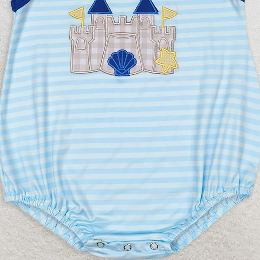 SR1318 RTS NO MOQ Baby Boys Summer Rompers Baby Girls Boys Castle Embroidery Beach Sibling Clothes Sets