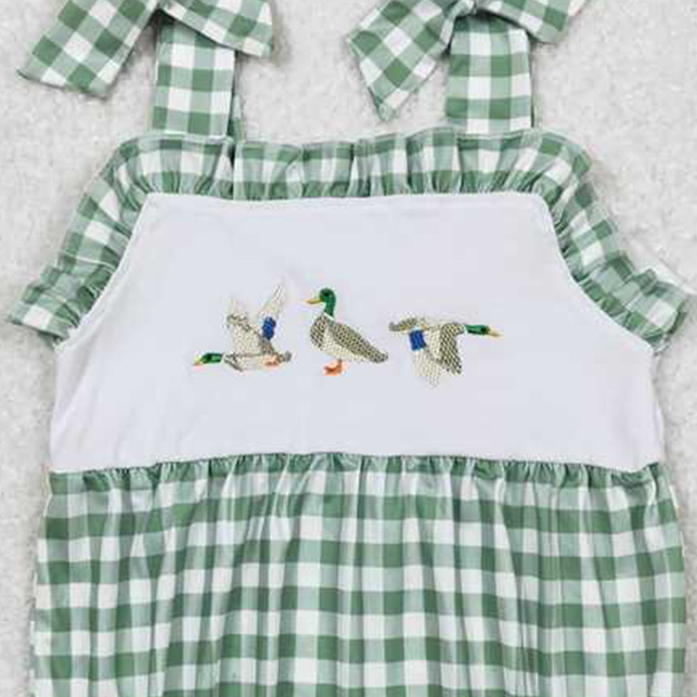 4.30 SR1065 RTS NO MOQ Green plaid straps duck baby girls summer romper