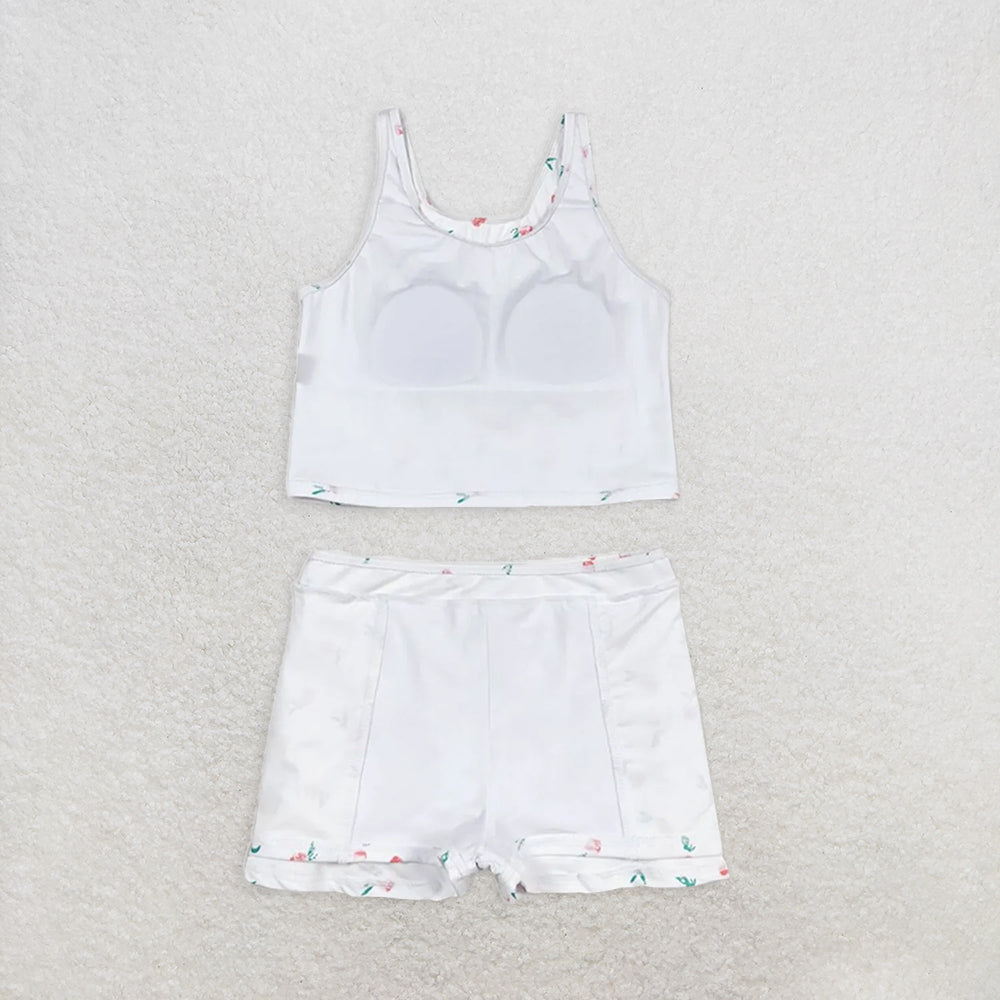 GSD0993 RTS NO MOQ Baby Girls Yoga Outfits Baby Girls Summer White Peach Top Skirts Active Wear Clothes Sets