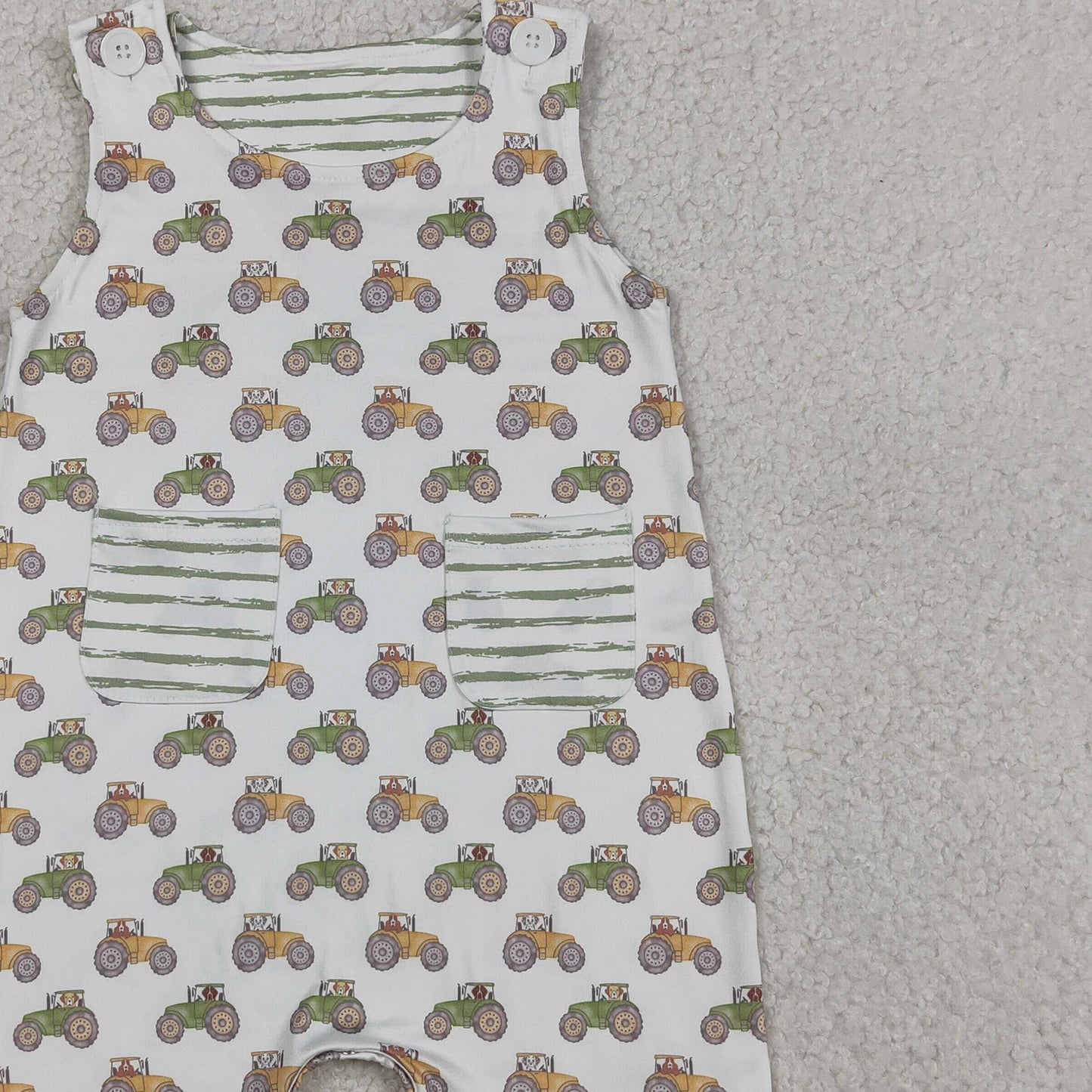 SR1586 RTS NO MOQ (In stockSleeveless tractor stripe pocket baby boy romper